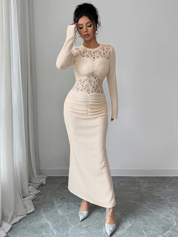 Bodycon Long Sleeves Hollow Lacy Pleated Solid Color Split-Back Split-Joint Zipper Round-Neck Maxi Dresses - Image 3