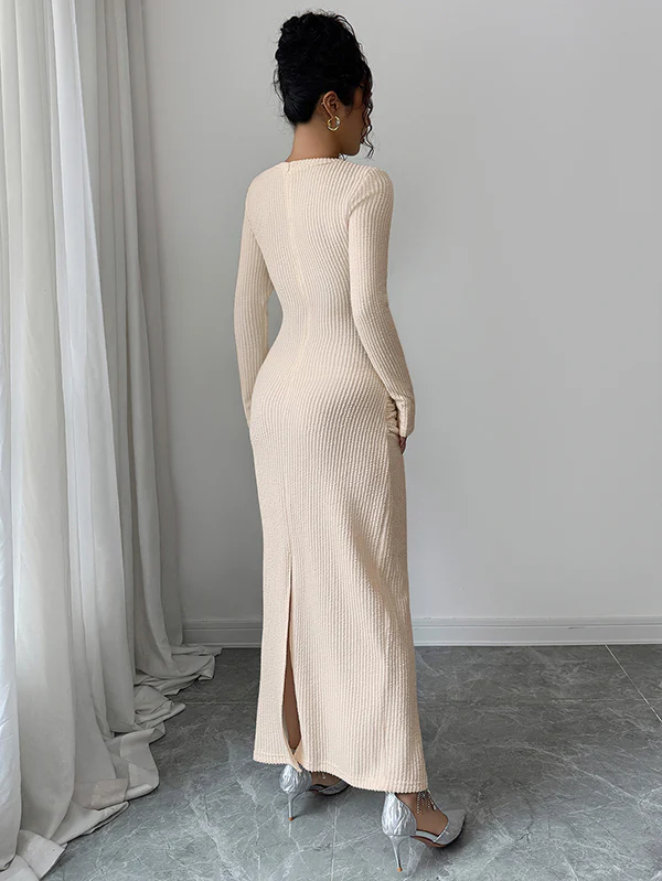 Bodycon Long Sleeves Hollow Lacy Pleated Solid Color Split-Back Split-Joint Zipper Round-Neck Maxi Dresses - Image 6
