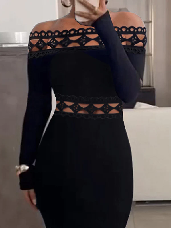 Bodycon Long Sleeves Hollow Solid Color Split-Joint Off-The-Shoulder Midi Dresses - Image 2