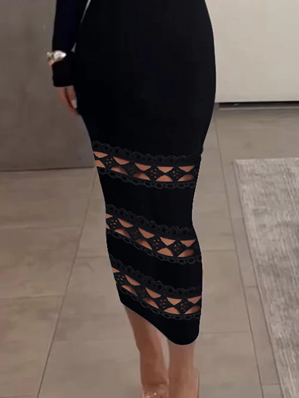 Bodycon Long Sleeves Hollow Solid Color Split-Joint Off-The-Shoulder Midi Dresses - Image 3