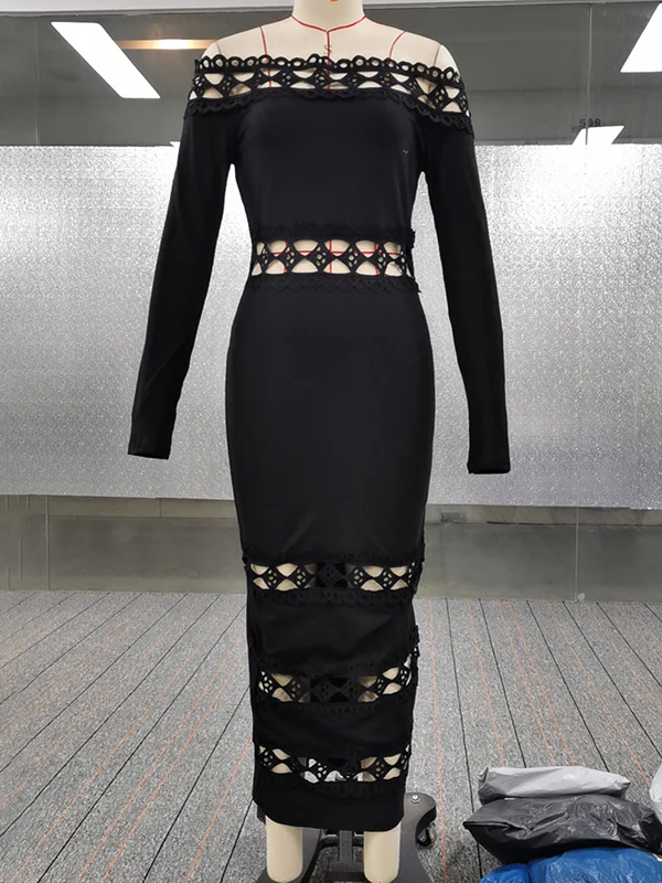 Bodycon Long Sleeves Hollow Solid Color Split-Joint Off-The-Shoulder Midi Dresses - Image 4
