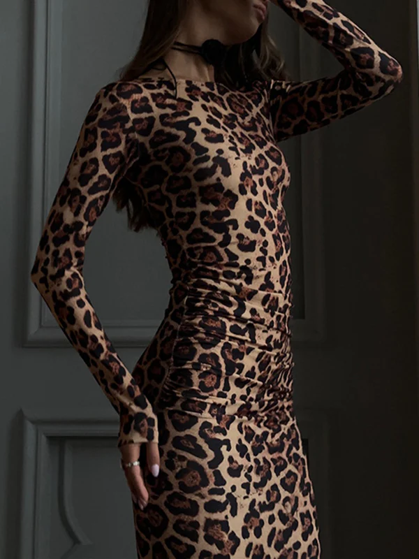 Bodycon Long Sleeves Leopard Printed Round-Neck Maxi Dresses - Image 3