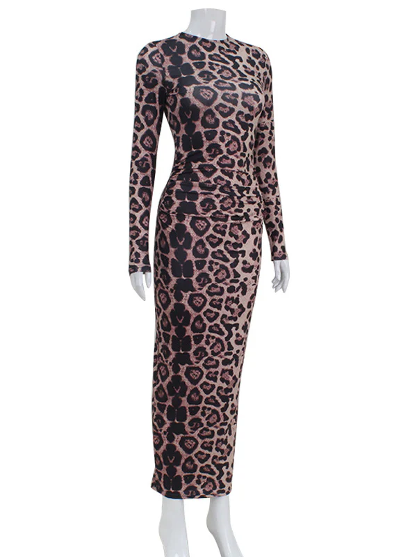 Bodycon Long Sleeves Leopard Printed Round-Neck Maxi Dresses - Image 6