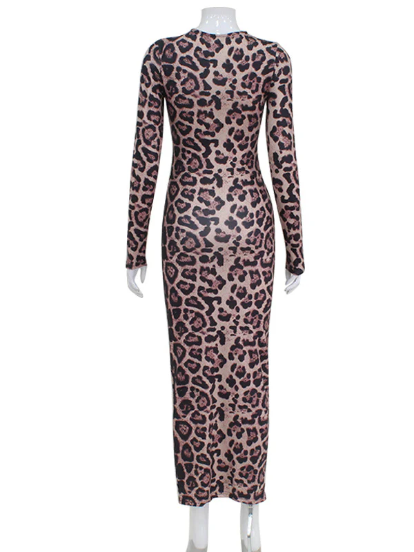 Bodycon Long Sleeves Leopard Printed Round-Neck Maxi Dresses - Image 7