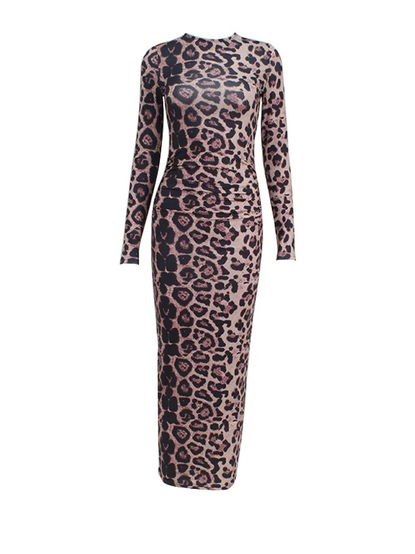 Bodycon Long Sleeves Leopard Printed Round-Neck Maxi Dresses - Image 8
