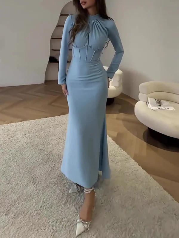 Bodycon Long Sleeves Pleated Solid Color Tied Zipper Mock Neck Maxi Dresses - Image 4