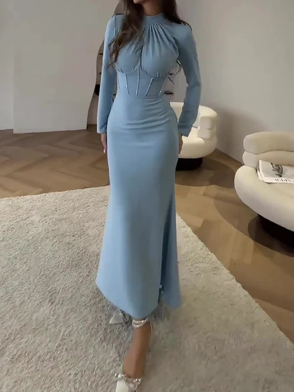 Bodycon Long Sleeves Pleated Solid Color Tied Zipper Mock Neck Maxi Dresses - Image 5