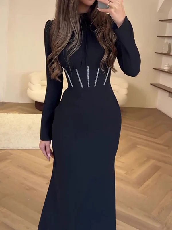 Bodycon Long Sleeves Pleated Solid Color Tied Zipper Mock Neck Maxi Dresses - Image 6