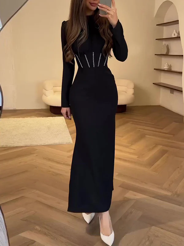 Bodycon Long Sleeves Pleated Solid Color Tied Zipper Mock Neck Maxi Dresses - Image 7