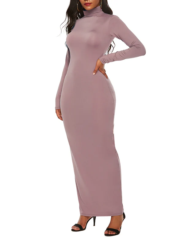 Bodycon Long Sleeves Solid Color High Neck Maxi Dresses - Image 10