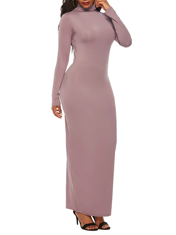 Bodycon Long Sleeves Solid Color High Neck Maxi Dresses - Image 11
