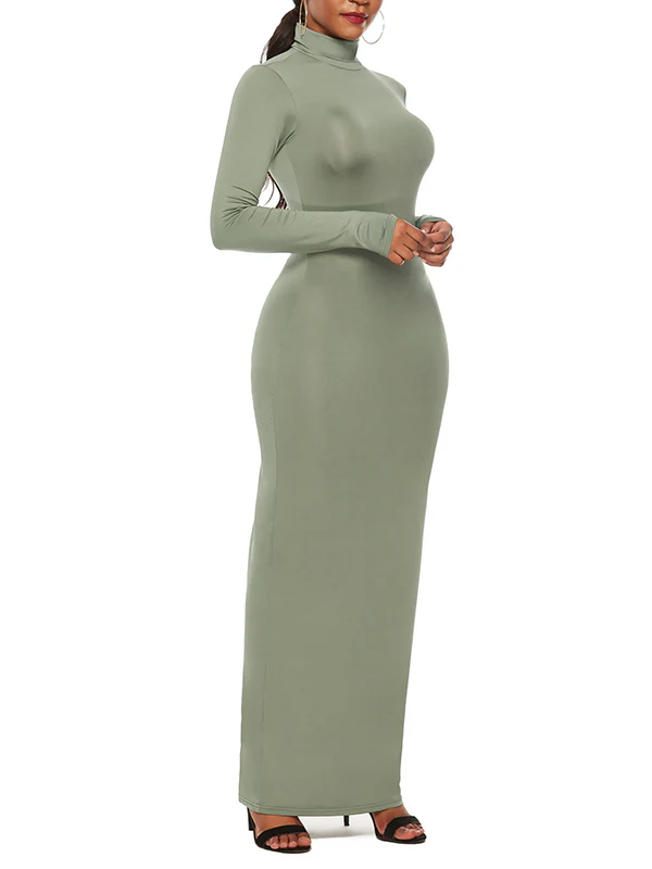 Bodycon Long Sleeves Solid Color High Neck Maxi Dresses - Image 12