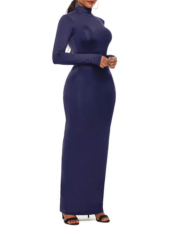 Bodycon Long Sleeves Solid Color High Neck Maxi Dresses - Image 15