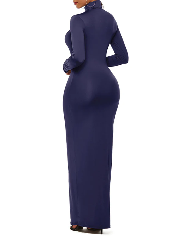 Bodycon Long Sleeves Solid Color High Neck Maxi Dresses - Image 16