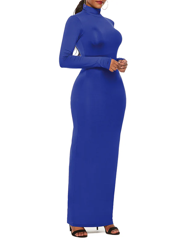 Bodycon Long Sleeves Solid Color High Neck Maxi Dresses - Image 18