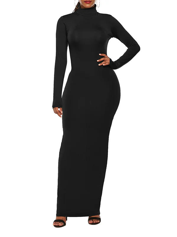 Bodycon Long Sleeves Solid Color High Neck Maxi Dresses - Image 19