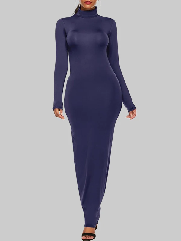 Bodycon Long Sleeves Solid Color High Neck Maxi Dresses - Image 2