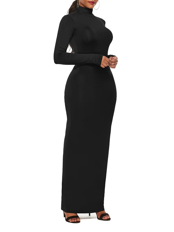 Bodycon Long Sleeves Solid Color High Neck Maxi Dresses - Image 20