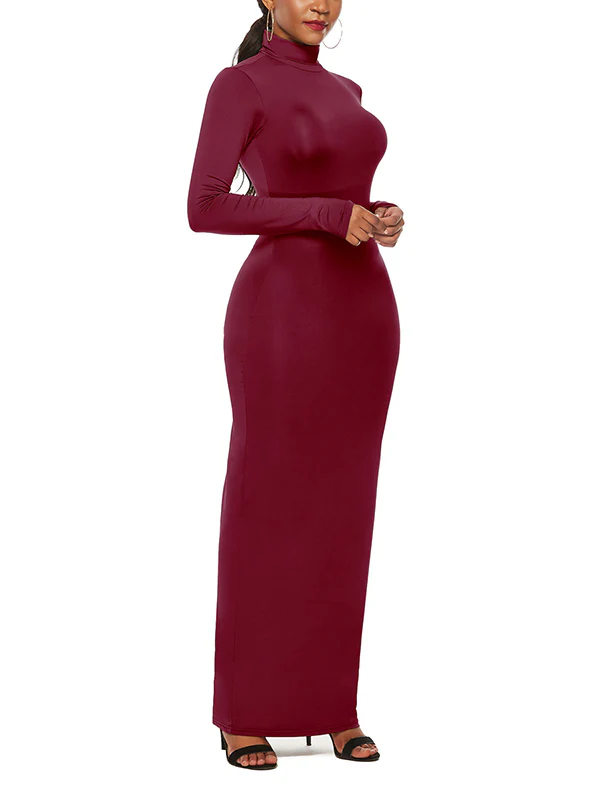 Bodycon Long Sleeves Solid Color High Neck Maxi Dresses - Image 21