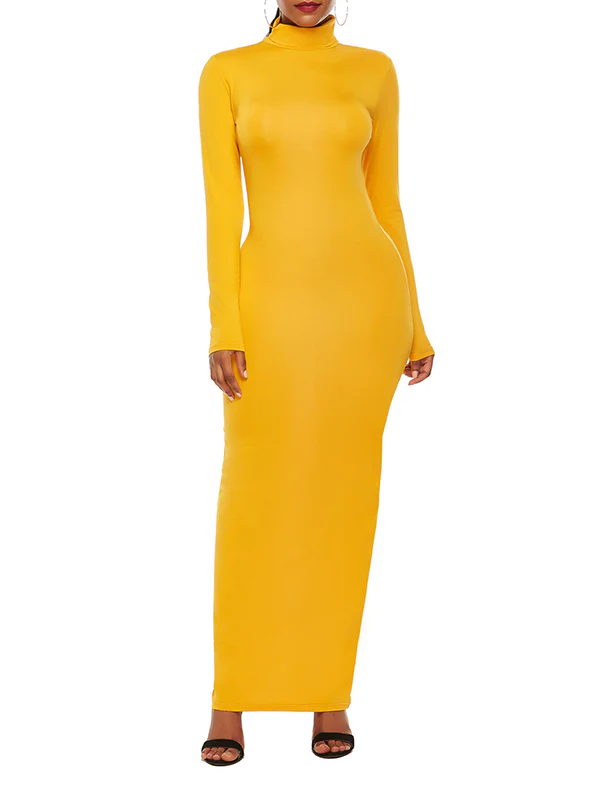 Bodycon Long Sleeves Solid Color High Neck Maxi Dresses - Image 23