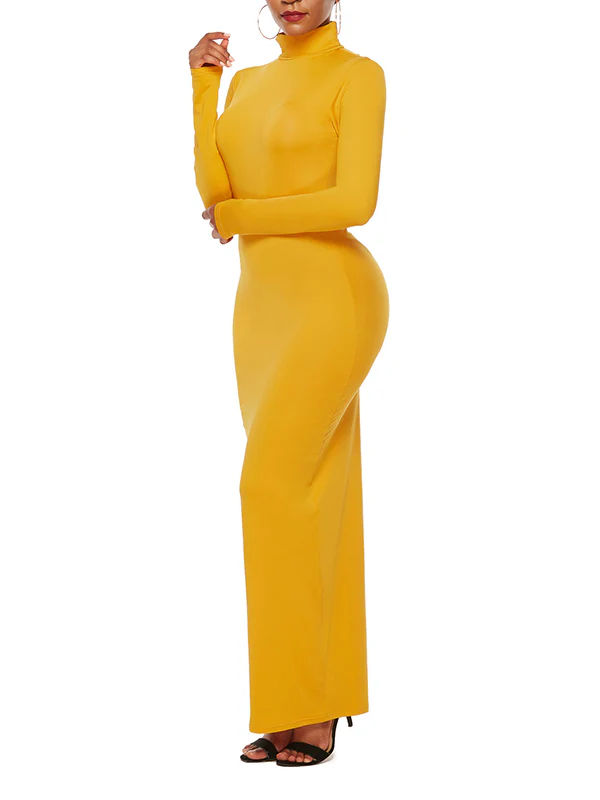 Bodycon Long Sleeves Solid Color High Neck Maxi Dresses - Image 25