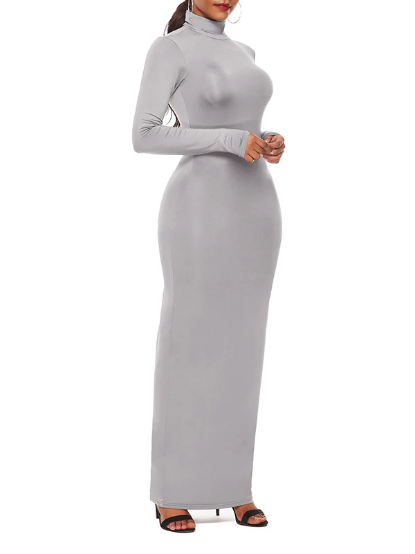 Bodycon Long Sleeves Solid Color High Neck Maxi Dresses - Image 27