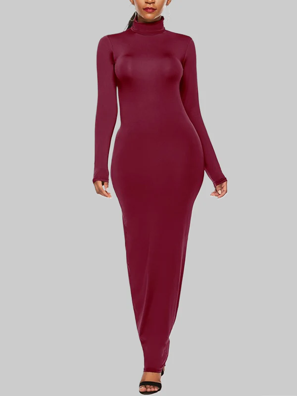 Bodycon Long Sleeves Solid Color High Neck Maxi Dresses - Image 3