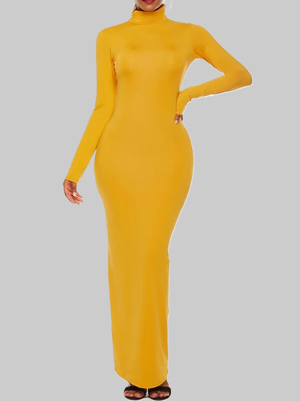 Bodycon Long Sleeves Solid Color High Neck Maxi Dresses - Image 4