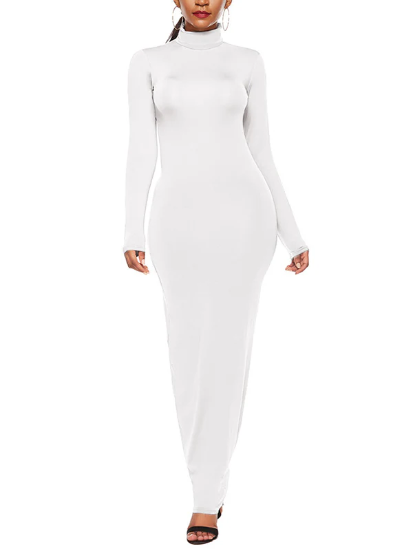 Bodycon Long Sleeves Solid Color High Neck Maxi Dresses - Image 5