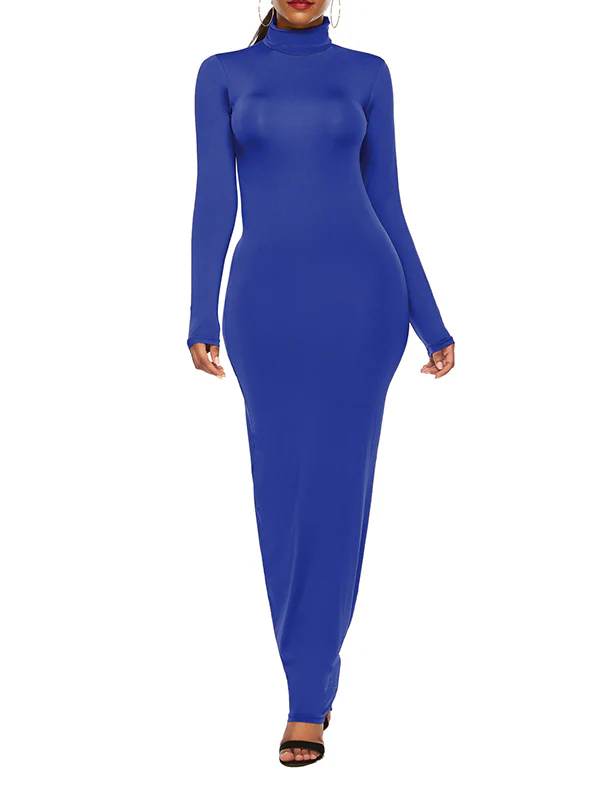Bodycon Long Sleeves Solid Color High Neck Maxi Dresses - Image 6