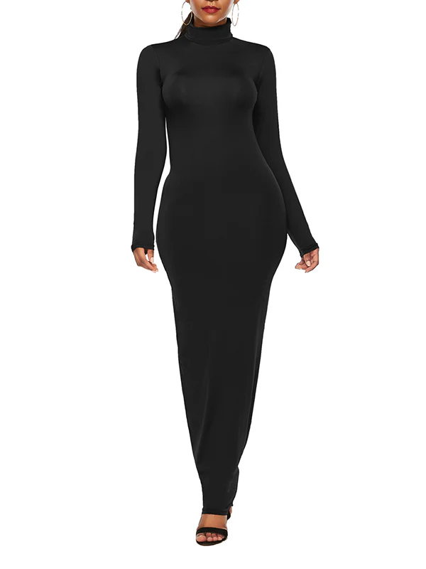 Bodycon Long Sleeves Solid Color High Neck Maxi Dresses - Image 7