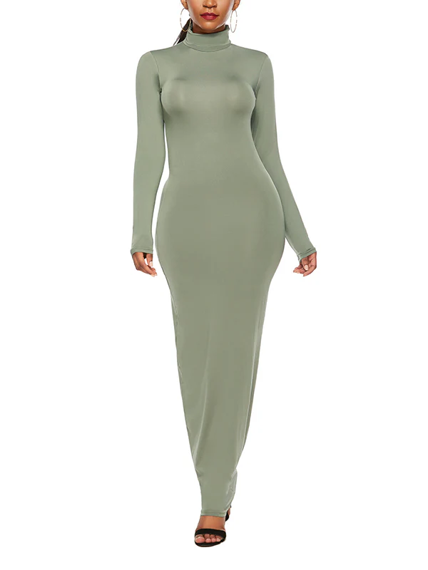 Bodycon Long Sleeves Solid Color High Neck Maxi Dresses - Image 8