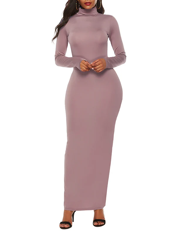 Bodycon Long Sleeves Solid Color High Neck Maxi Dresses - Image 9