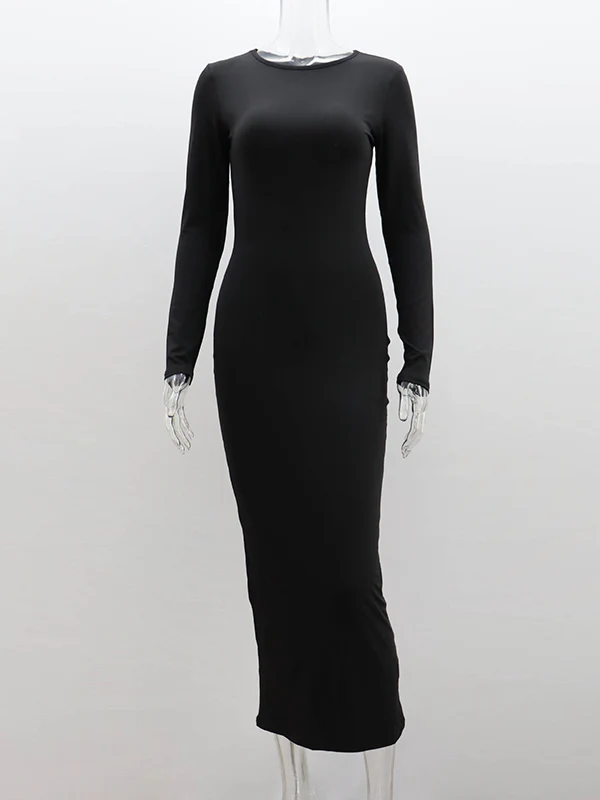 Bodycon Long Sleeves Solid Color Split-Joint Round-Neck Maxi Dresses - Image 11