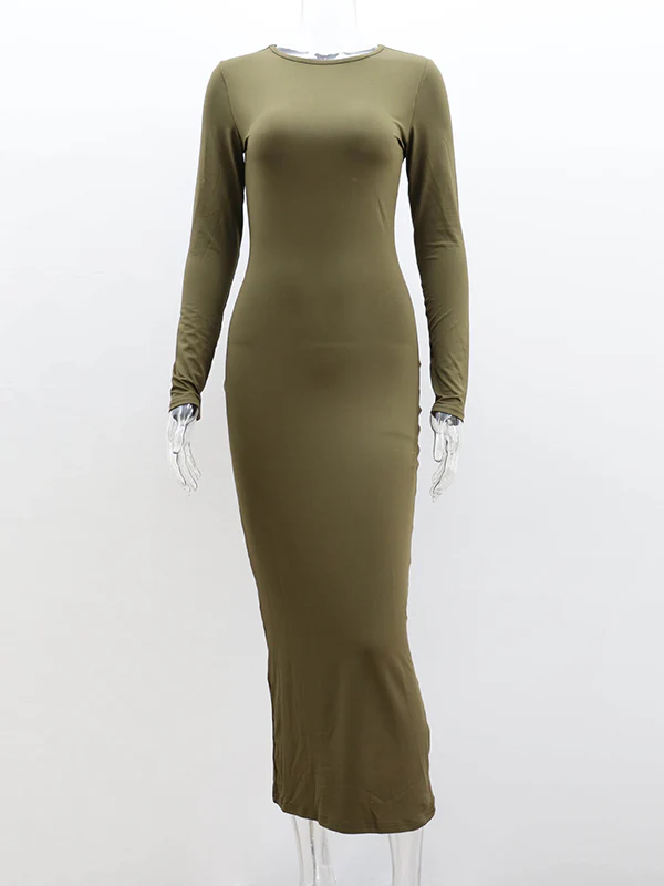 Bodycon Long Sleeves Solid Color Split-Joint Round-Neck Maxi Dresses - Image 12