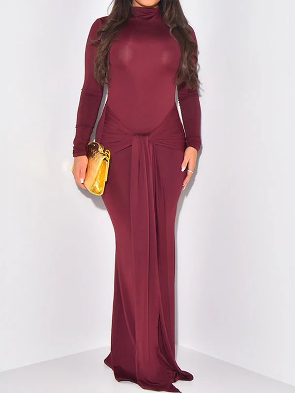 Bodycon Long Sleeves Solid Color Split-Joint Tied Waist Half Turtleneck Maxi Dresses - Image 2