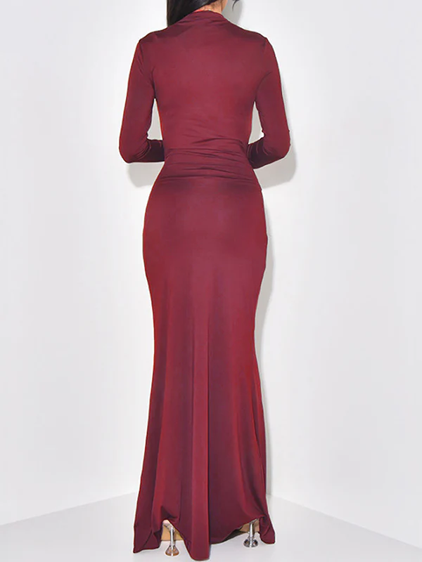 Bodycon Long Sleeves Solid Color Split-Joint Tied Waist Half Turtleneck Maxi Dresses - Image 5