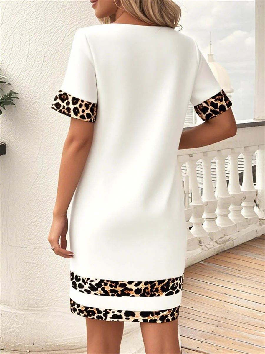 Bodycon Loose Contrast Color Leopard Split-Joint Round-Neck Mini Dresses - Image 6