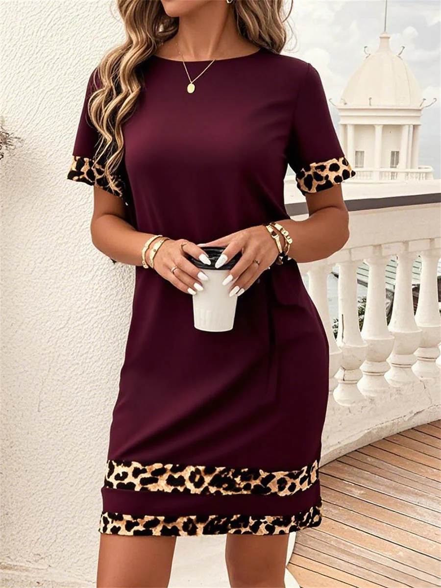 Bodycon Loose Contrast Color Leopard Split-Joint Round-Neck Mini Dresses - Image 7