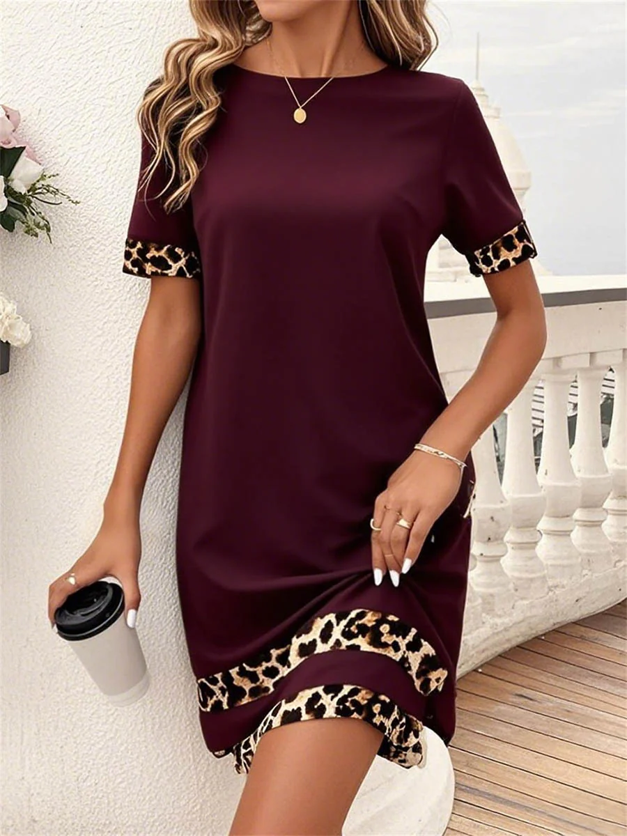 Bodycon Loose Contrast Color Leopard Split-Joint Round-Neck Mini Dresses - Image 9