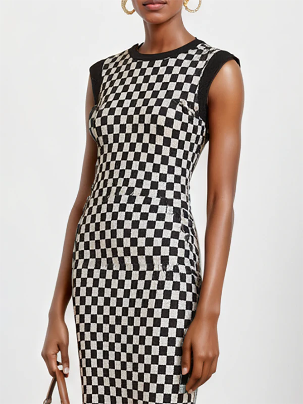 Bodycon Mermaid Contrast Color Plaid Pleated Round-Neck Midi Dresses Sweater Dresses - Image 2