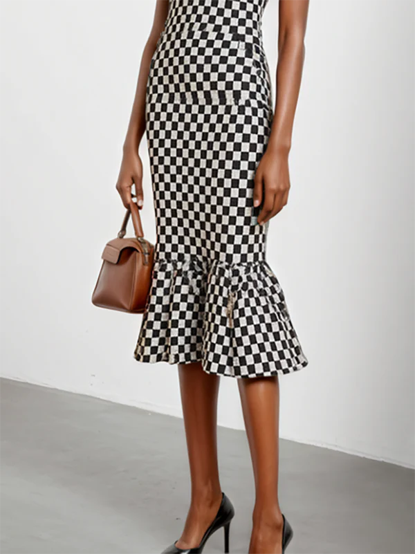 Bodycon Mermaid Contrast Color Plaid Pleated Round-Neck Midi Dresses Sweater Dresses - Image 3