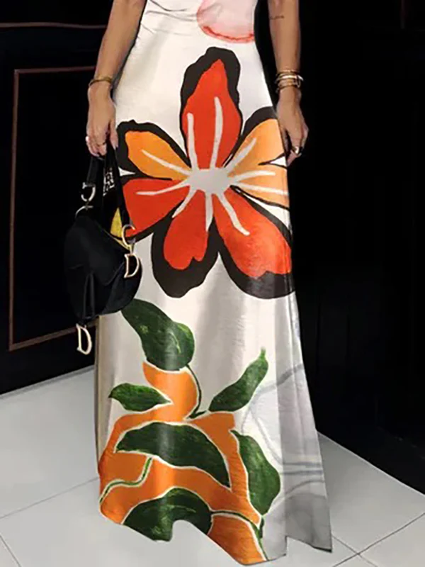 Bodycon Short Sleeves Flower Print Hollow Cold Shoulder Maxi Dresses - Image 3