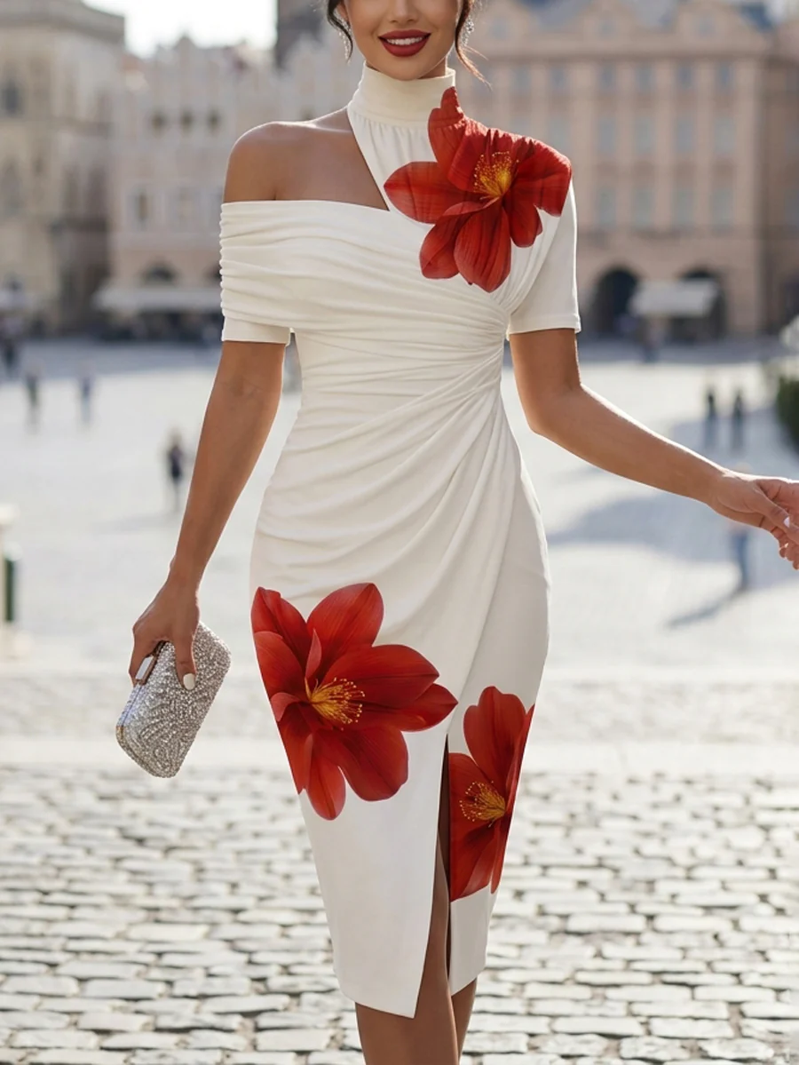 Bodycon Short Sleeves Flower Print Pleated Split-Front High Neck Midi Dresses - Image 4