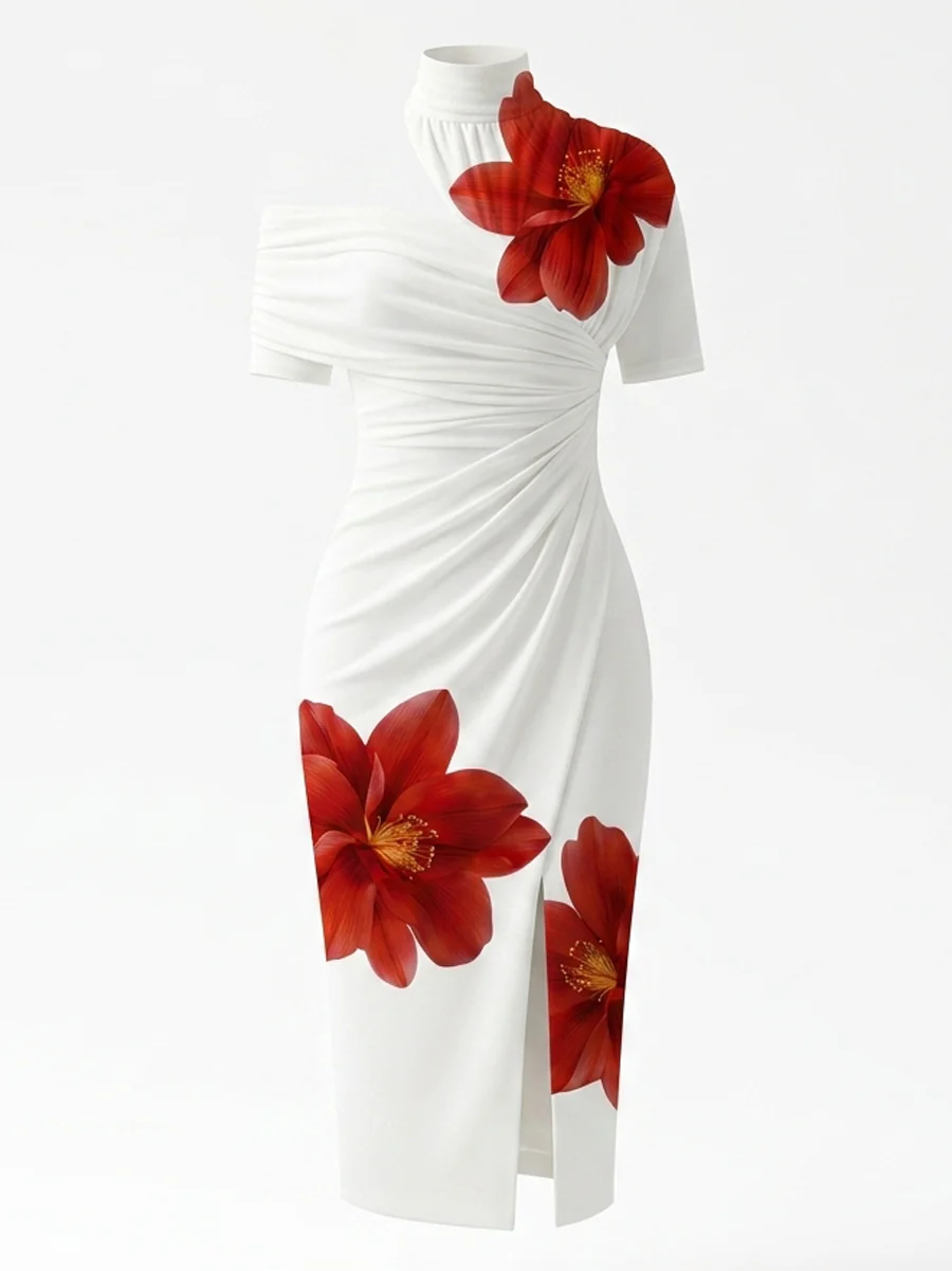 Bodycon Short Sleeves Flower Print Pleated Split-Front High Neck Midi Dresses - Image 8