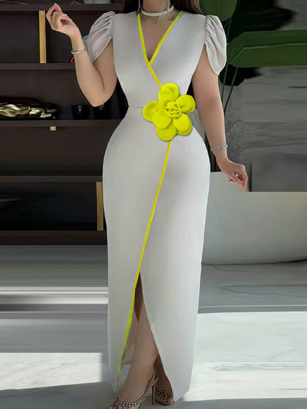 Bodycon Short Sleeves Pleated Solid Color Split-Front Three-Dimensional Flower V-Neck Maxi Dresses - Image 2