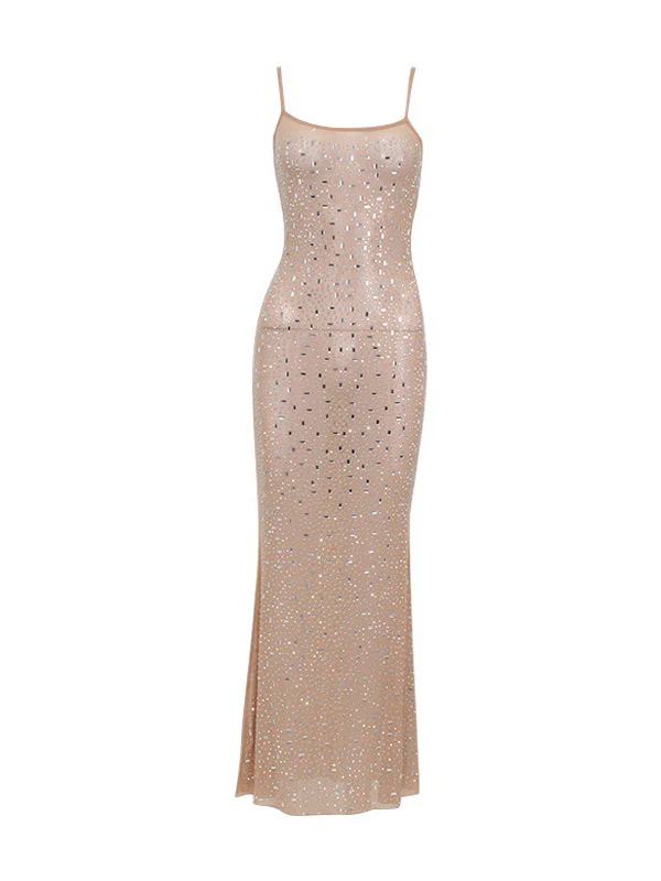 Bodycon Skinny See-Through Sequined Split-Joint Spaghetti-Neck Maxi Dresses - Image 9