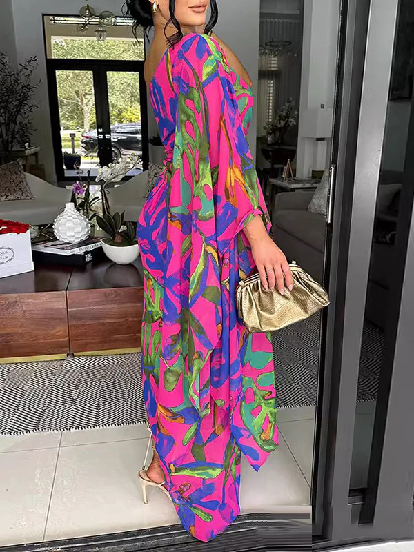 Bodycon Sleeveless Asymmetric Pleated Printed One-Shoulder Maxi Dresses - Image 2
