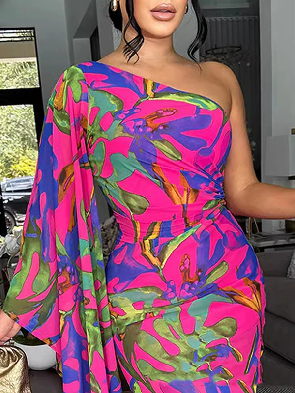 Bodycon Sleeveless Asymmetric Pleated Printed One-Shoulder Maxi Dresses - Image 3