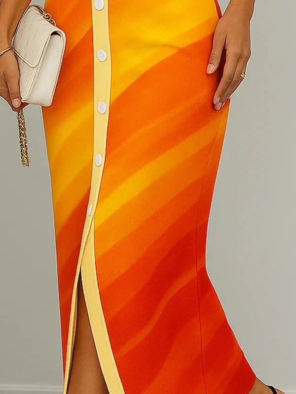 Bodycon Sleeveless Buttoned Contrast Color Notched Collar Maxi Dresses - Image 3
